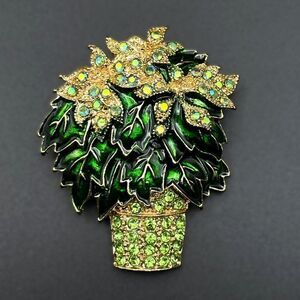 Yellow Gold with Peridot Green Crystal and Enamel Potted Plant Pin Back Brooch